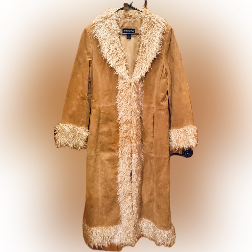 Vintage Tan & White Faux Fur Trim Suede Coat